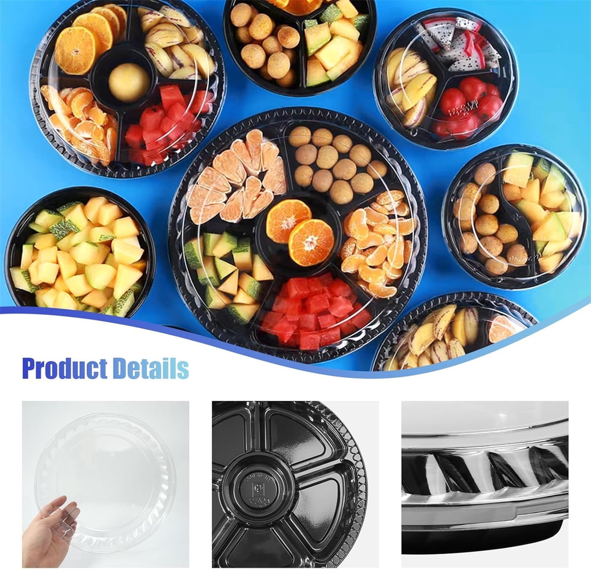 10pcs Stackable Round Serving Party Tray,6 Divided Compartment Fruit Tray,QZS Plastic Round Catering Container,Takeout Picnic Supplies for Salad,10.4x10.4x2In