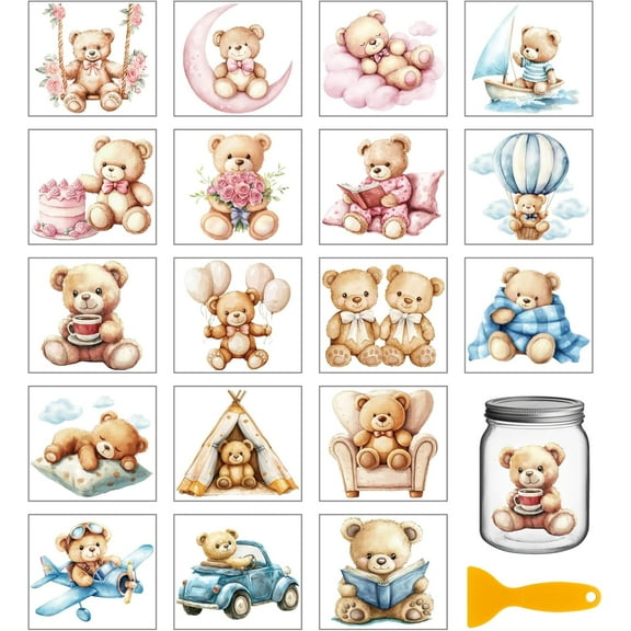 18 Sheets Cute Bear Colorful Transfer Stickers 3.9x3.6inch Teddy Bear Transfer Decal Rub on Transfer for Furniture Vase Glass Art Crafts Decorations Colorful