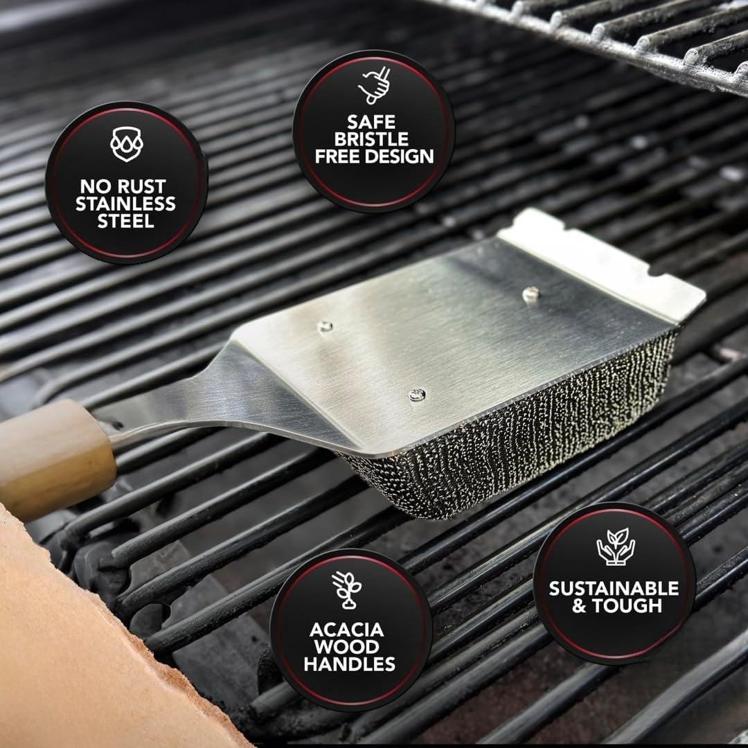 For Barbecue – Extended Large Wooden Handle with Replaceable Head, No Scratch BBQ Cleaning Accessories for Outdoor Grills – Bristle Free Grill Brush and Scraper