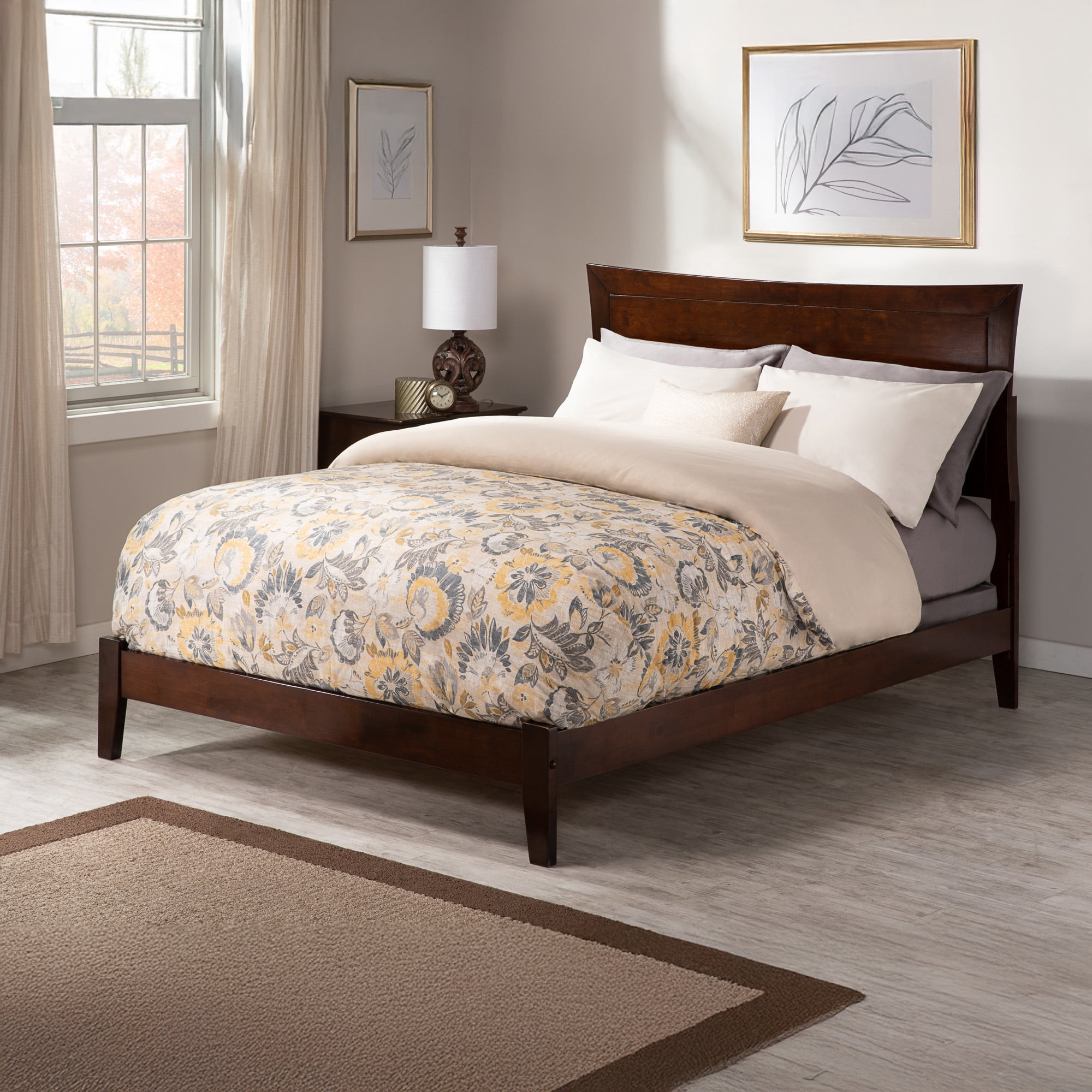 AFI Metro Full Low Profile Wood Platform Bed Frame with Panel Headboard, Walnut