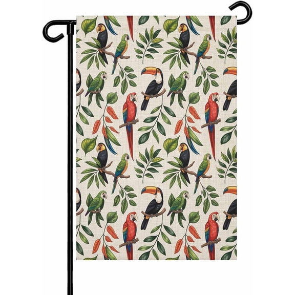 Farmhouse Parrots Double Sided Garden Flag, Spring Summer Botanical Leaves Burlap Yard Flag, 12 x 18 Inch Outdoor Welcome Banner for All Seasons