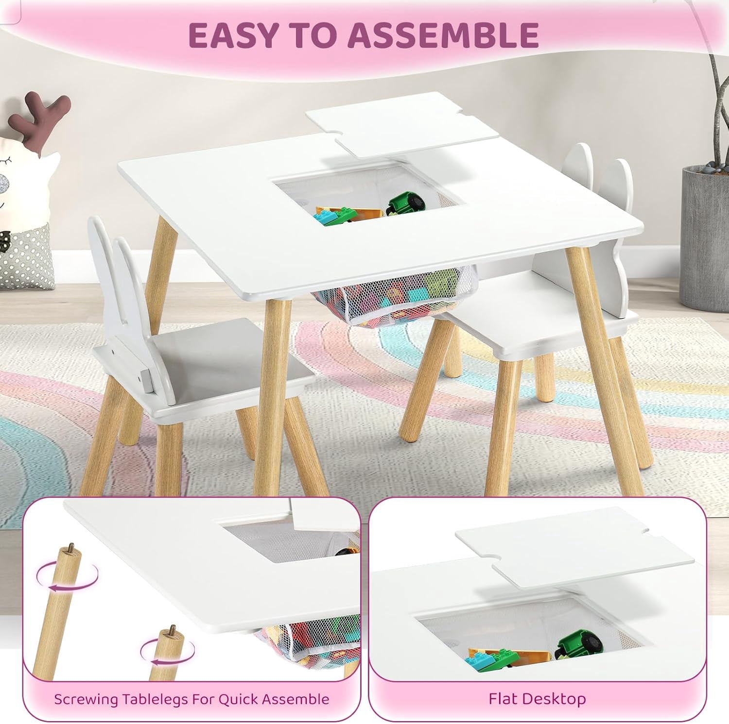 JOYMOR Kids Table and 2 Chairs Set with Storage & Removable Tabletop, Panda Ear Chairs, 3-in-1 Kids ActivityTable for Craft, Playroom Toddler Table and Chair Set for Kids 2-5