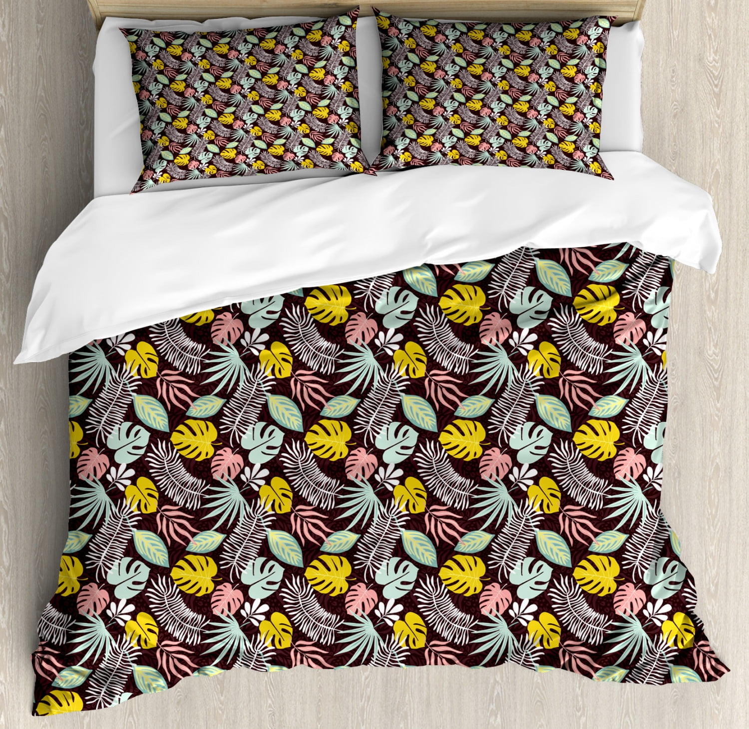 King Bed Duvet Cover Black Cream Tropical Leaf Print main image 1