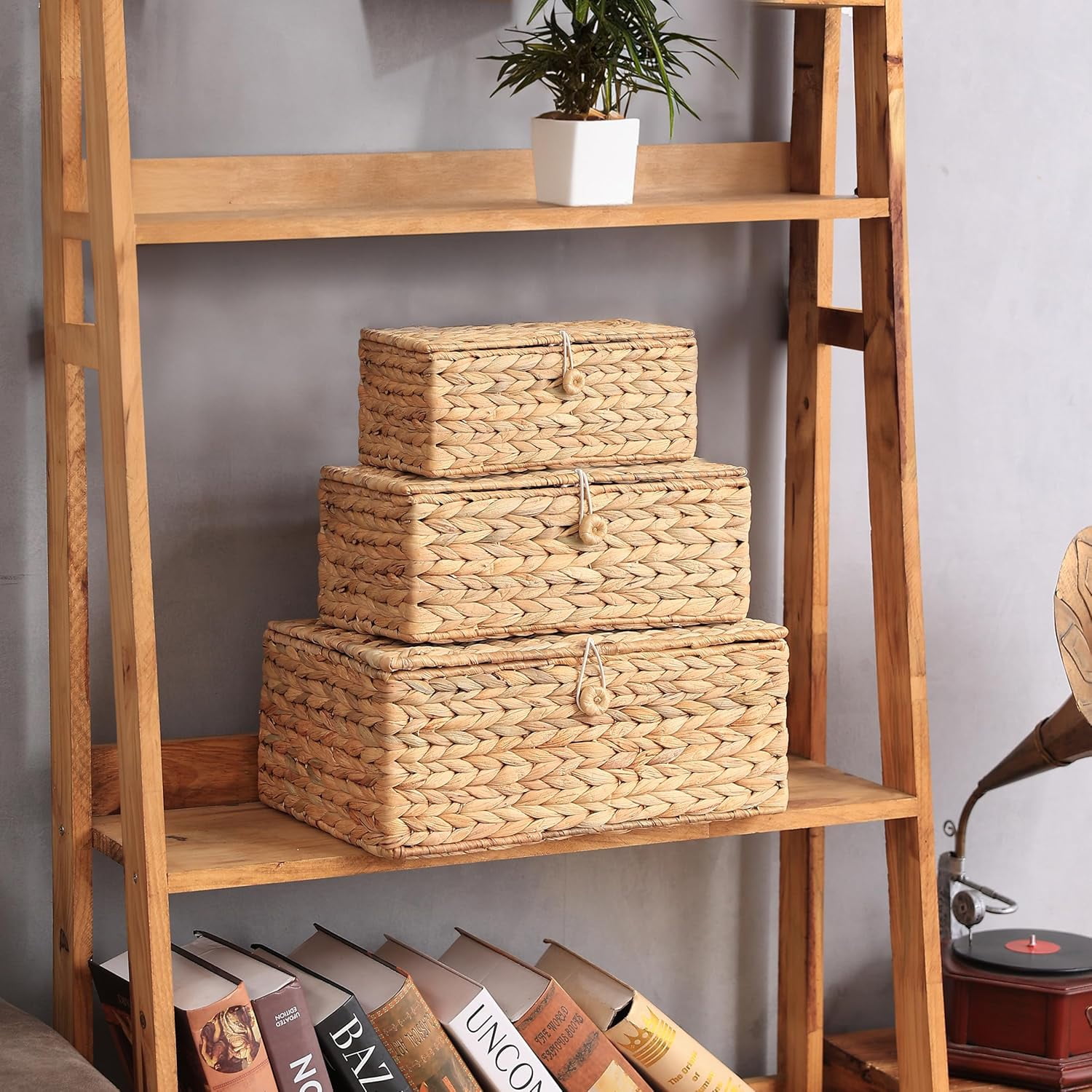 Set of 3 Large Woven Storage Baskets with Lids, Rectangular Rattan Decorative Boxes for Home Organization