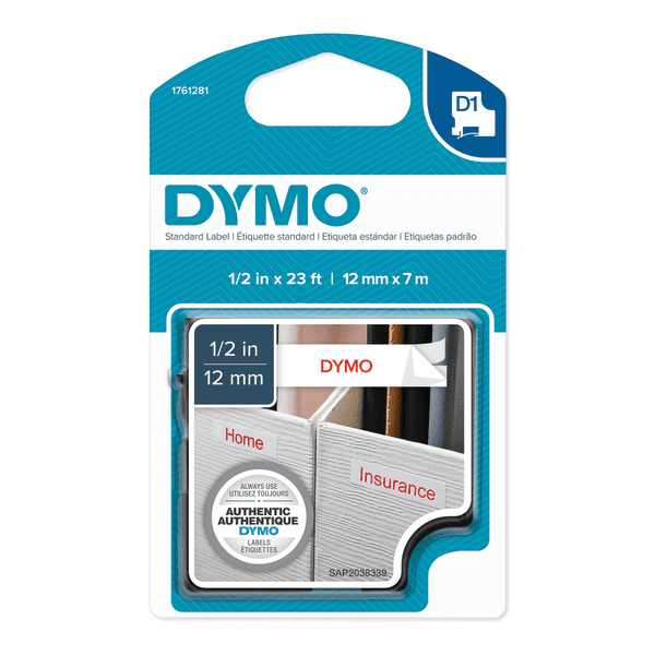 DYMO D1 Labels DYMO Authentic 1761281 1/2 x 23 Roll Self-Adhesive Red Print on White 
