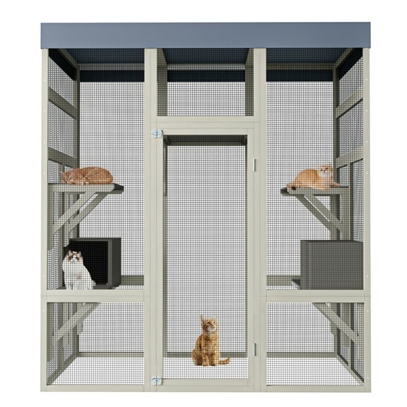 ZephyPaws 71" Outdoor Cat House Big Catio,Wooden Cat Shelter Enclosure with Platforms,Upgrade Waterproof Cover,Rust-Proof Metal Wire,White