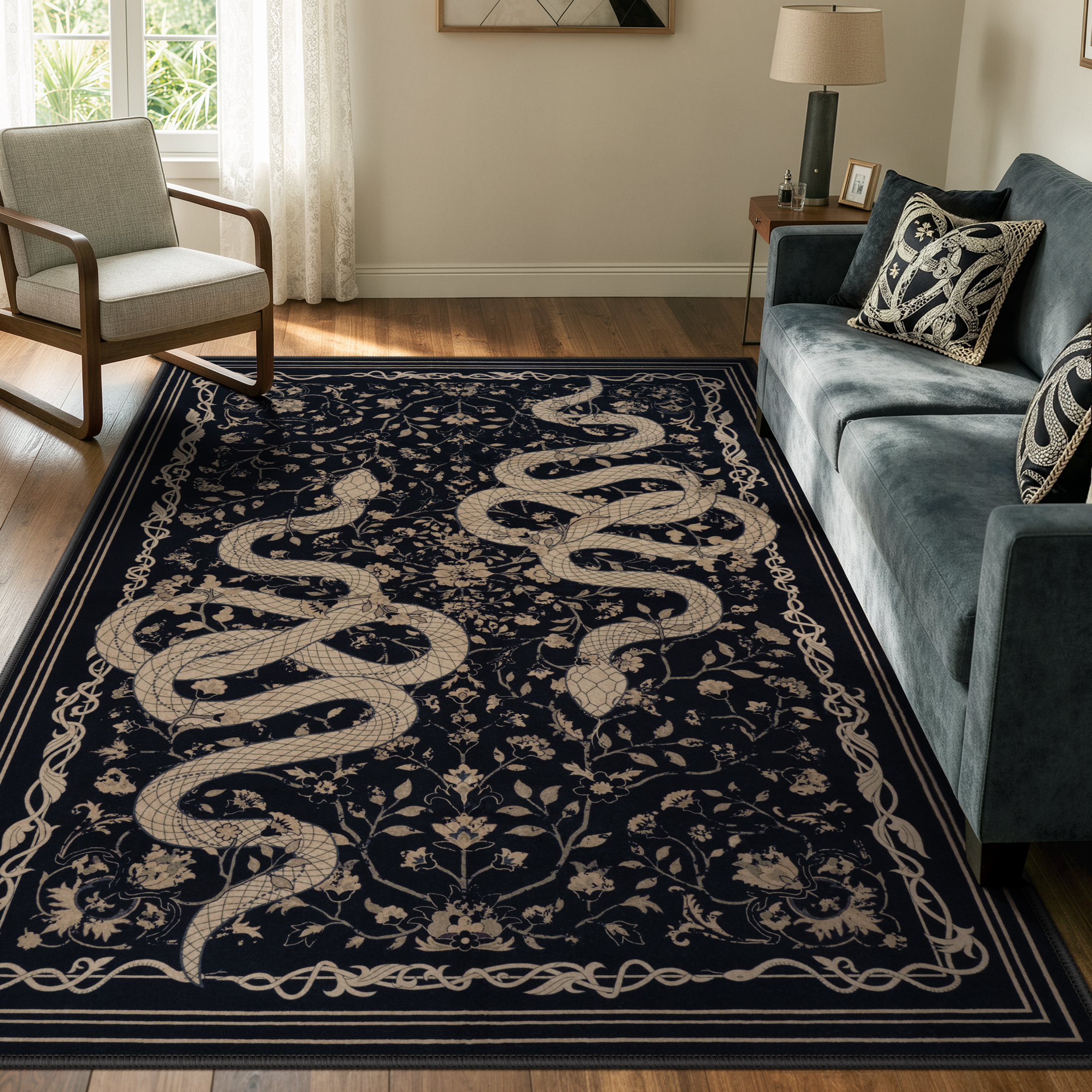 Moynesa 5'x7' Vintage Snake Area Rug, Washable Black Floral Rug for Living Room Bedroom Dining Room Home Office, Botanical Statement Accent Carpet, Ultra Soft Non Slip Stain Resistant Low Pile