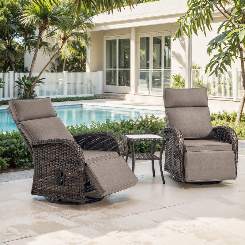 3-Piece Patio Swivel Recliner Chairs with Side Table, Outdoor Wicker Reclining Lounge Chairs with Adjustable Back and Footrest, Rattan Outdoor Furniture Set with Gray Cushions