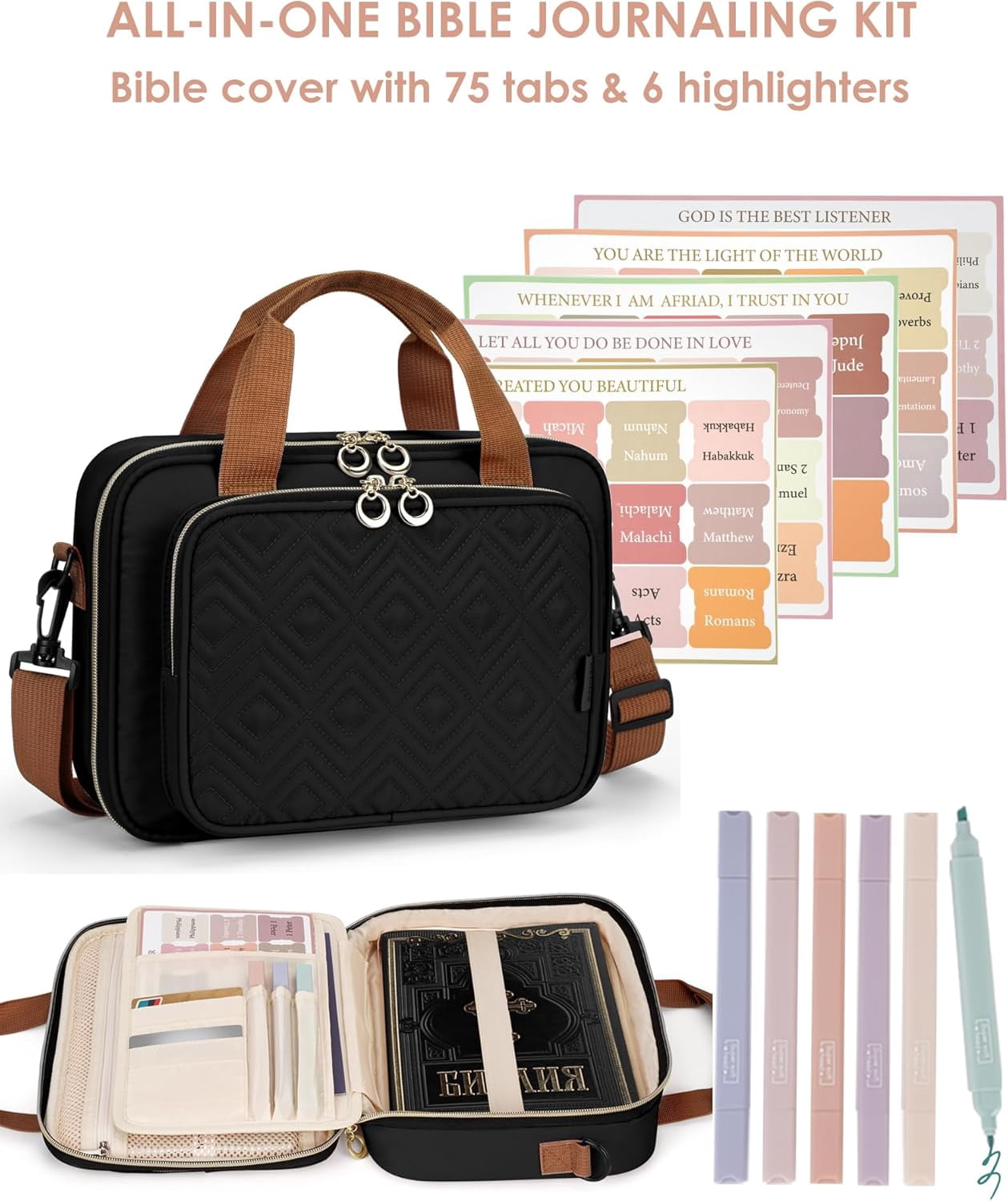Bible Cover Case for Women, Large Bible Bag Carrying Case with Shoulder Strap, Bible Study Supplies Bible Journaling Kit Book Carrying Case with Bible Highlighters Tabs Gift for Lady (Black)