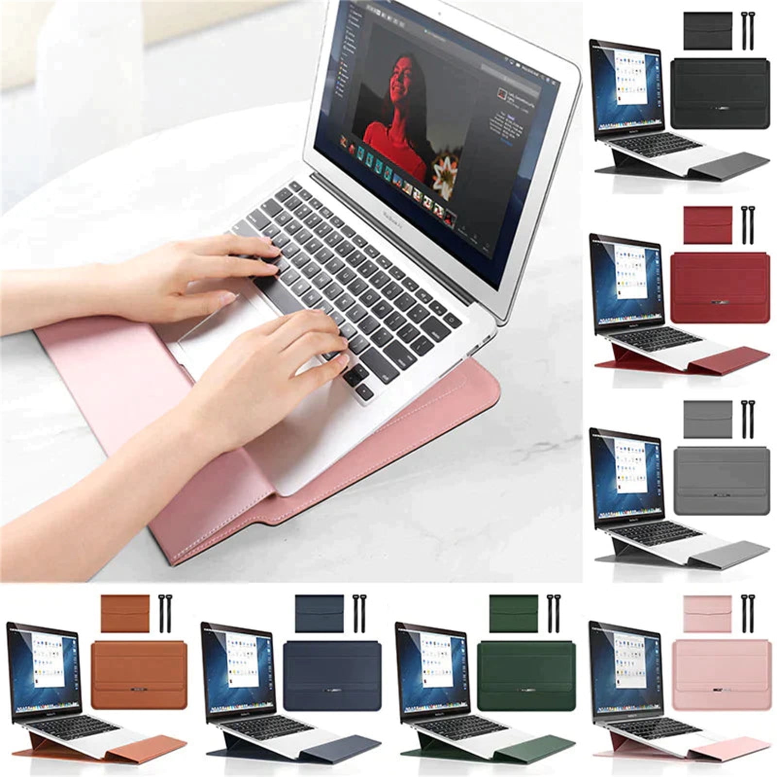 Aoznliie Laptop Case, 13-14 inch Leather Sleeve with Adjustable Stand, Magnetic Closure Portable Computer Bag for Work Travel, Pink