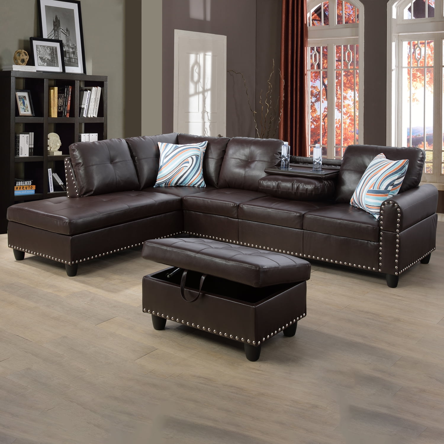 Prilinex Faux Leather Couch Sofa, Modern Nail-Head Design L Shaped Sectional Sofa for Living Room, 3 Piecet L Couch with Storage Ottoman & Cup Holder for Bedroom Apartment, Brown