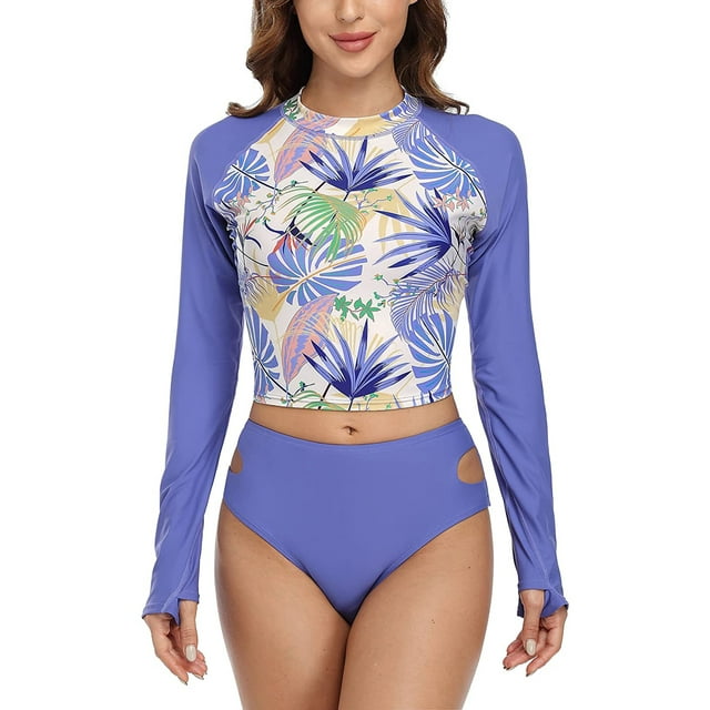 Alove Women's Two Piece Rash Guard Long Sleeve Swimsuit Sun Protection