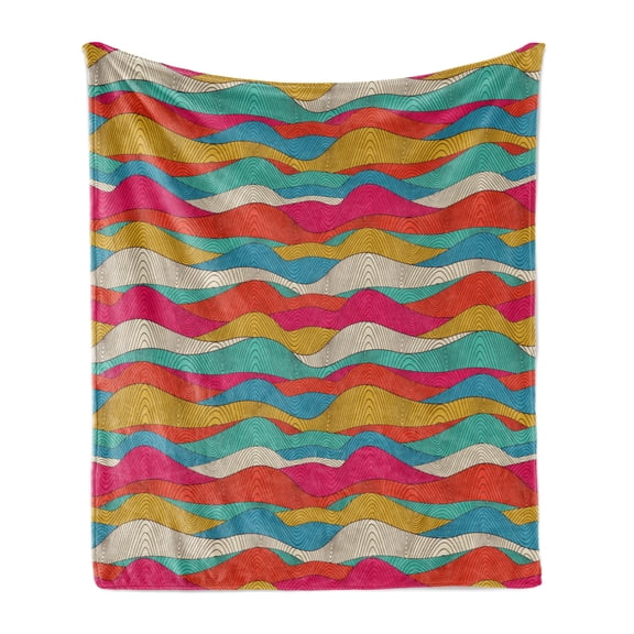 Abstract Soft Flannel Fleece Throw Blanket, Vibrant Colored Hand-drawn Wave Pattern Colorful Retro Style Funky Illustration, Cozy Plush for Indoor and Outdoor Use, 70" x 90", Multicolor, by Ambesonne