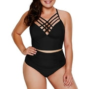 Women's Plus Size Strappy High Waist Bikini Swimsuit, Chic Design--bikini Top with Crossed Strappy Detail and Adjustable Straps, Underwire,soft Bra Paddings for A Push-up Effect 2XL