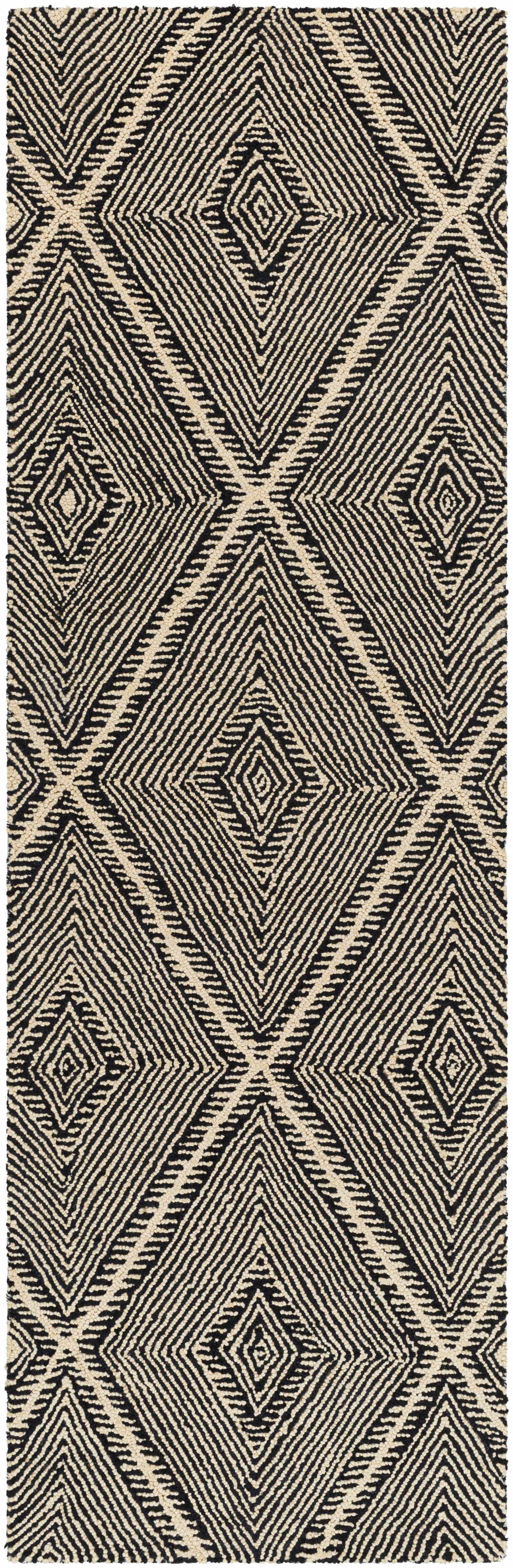 Hauteloom Dimbulah Boho Diamond Hand Tufted Wool Natural Fiber Soft Area Rug - Traditional Trellis Carpet for Living Room, Bedroom, Dining Room - Black and White - 6' x 9'