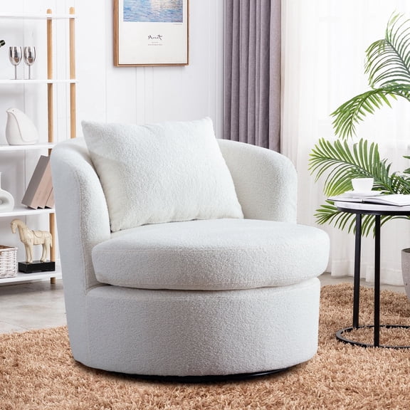 Bonzy home  Swivel Accent Chair with Lamb Wool Fabric for Adult, Plump Pillow, Detachable Cushion, White