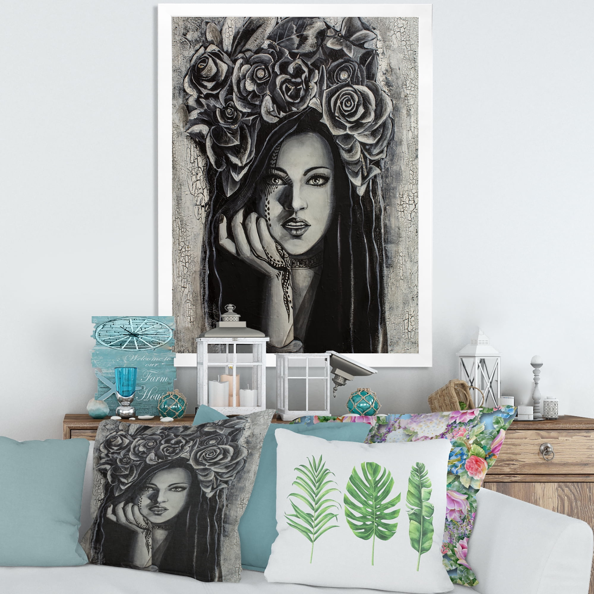 Designart 'Portrait Of A Young Woman With Flowers III' Modern Framed Art Print