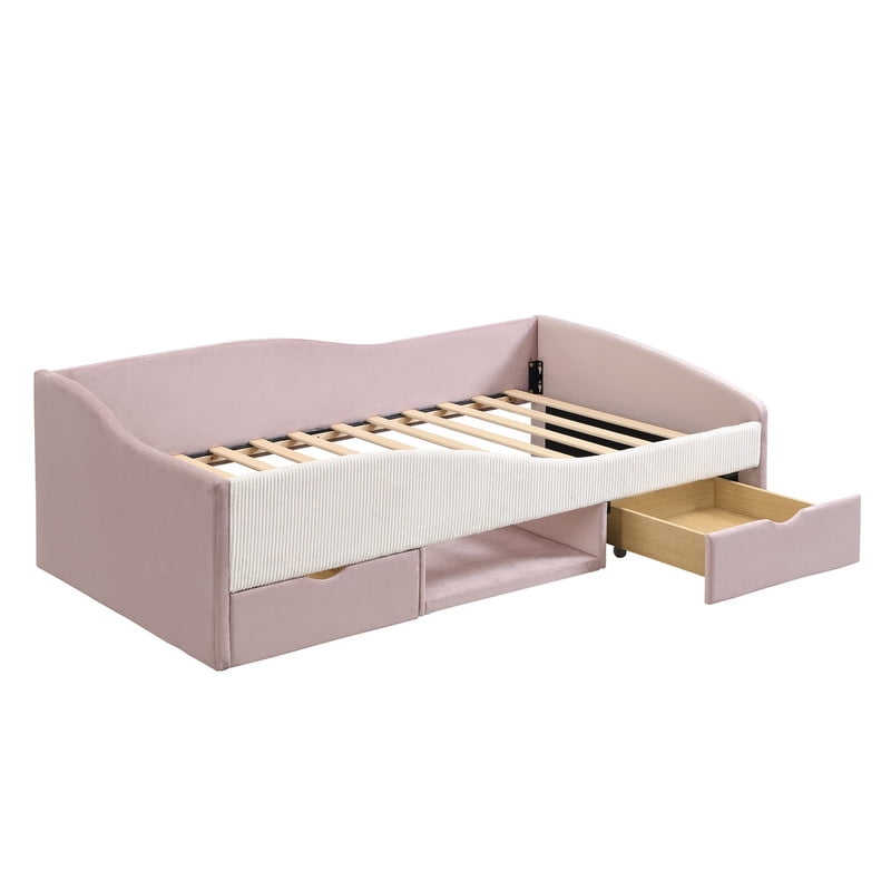 Twin Size Upholstered Daybed Frame, Low-Profile Storage Platform Bed with 2 Drawers and Open Compartment, Two-Tone Accent Kids Bed