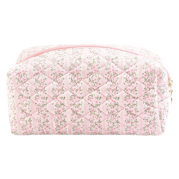 Women Floral Cotton Cosmetic Bag, Printed Quilted Daily Makeup Handbag, Portable Beauty Organizer (Pink)