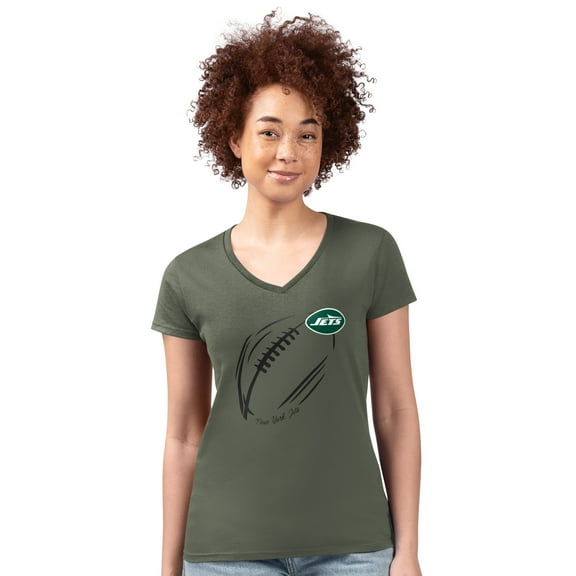 Women's G-III 4Her by Carl Banks  Olive New York Jets Super-Slim Fit Lightweight Subtle Football V-Neck T-Shirt