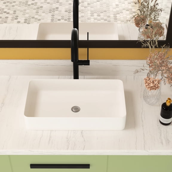 White Rectangular Ceramic Bathroom Sink | Above - Counter Setup for Quick Installation | Smooth, Polished Surface Sink