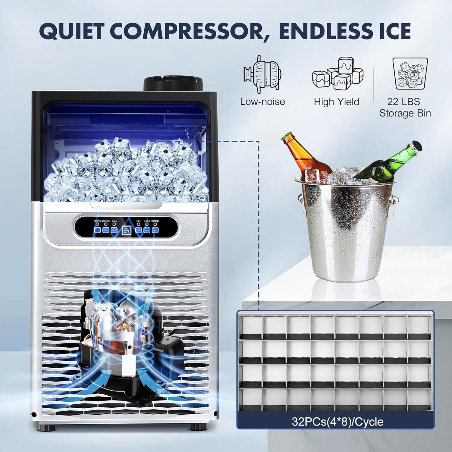 Zomagas Ice Maker Machine 90 LBS/24H ,Tap or Barrelged Water 28LBS Capacity Storage Bin for Restaurant Home