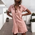 thumbnail image 2 of JULMCOMO Cotton Linen Rompers for Women Short Sleeve Button Down Loose Fit Overall Shorts Collared Ruffle Hem Casual Beach Summer Rompers Pink XL, 2 of 5