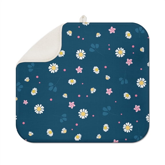 Spring Floral Dish Drying Mat Daisies Summer Kitchen Mat for Counter Microfiber Dish Rack Pad Foldable Absorbent Drainer Mat 16x18 Inch