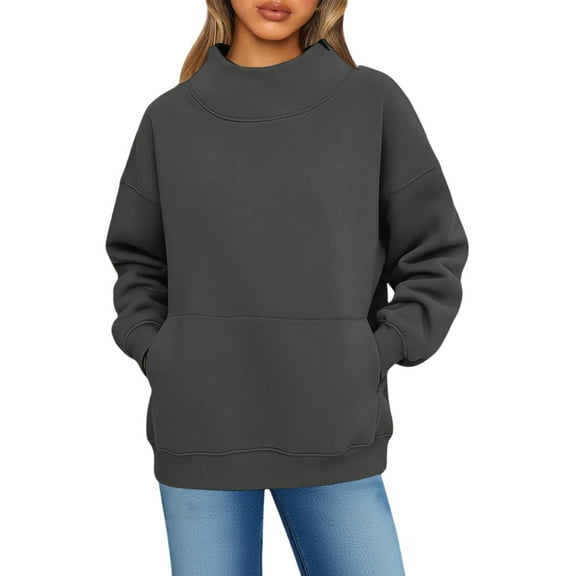 Mock Neck Sweatshirt Women Oversized Turtleneck Pullover Long Sleeve Warm Tops Fall Fashion Y2K Outfits With Pockets Dark Gray XXL