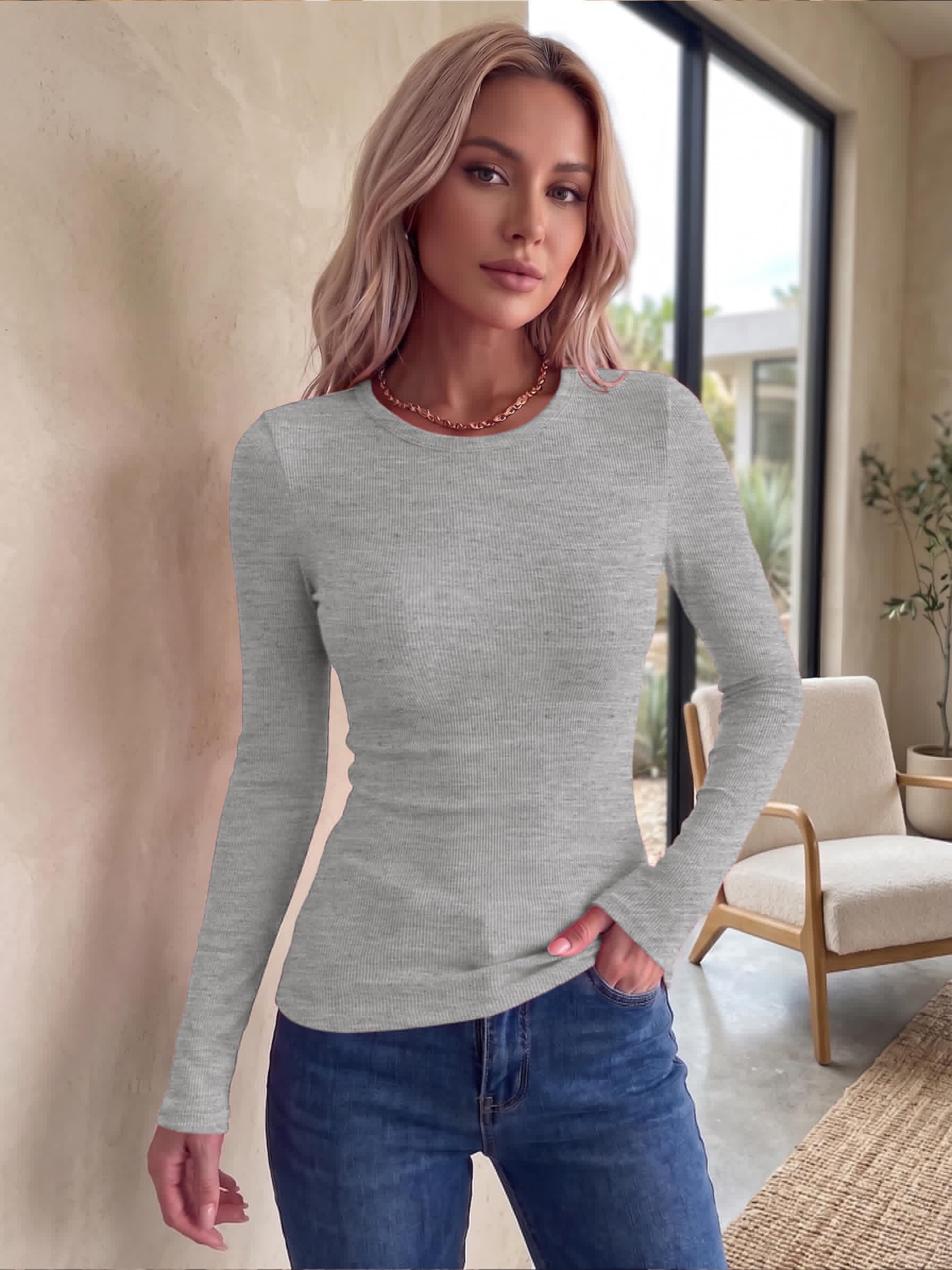 thumbnail image 5 of Zeagoo Women Basic Tee Long Sleeve Tops Crewneck Ribbed Knit Fitted Tshirts Dressy Casual Fall Clothes, 5 of 6