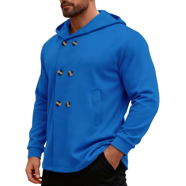 Lovzfmll Men's Hooded Trench Coat Button Front Mid-Length Slim Fit Pockets Blue, L