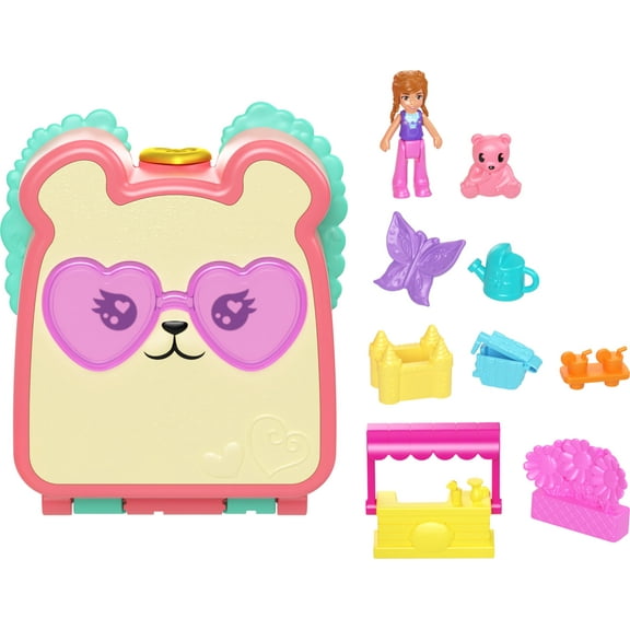 Polly Pocket Cutie Bear Picnic Mini Playset with 1 Micro Doll & 8 Accessories Including Pet, Food Theme