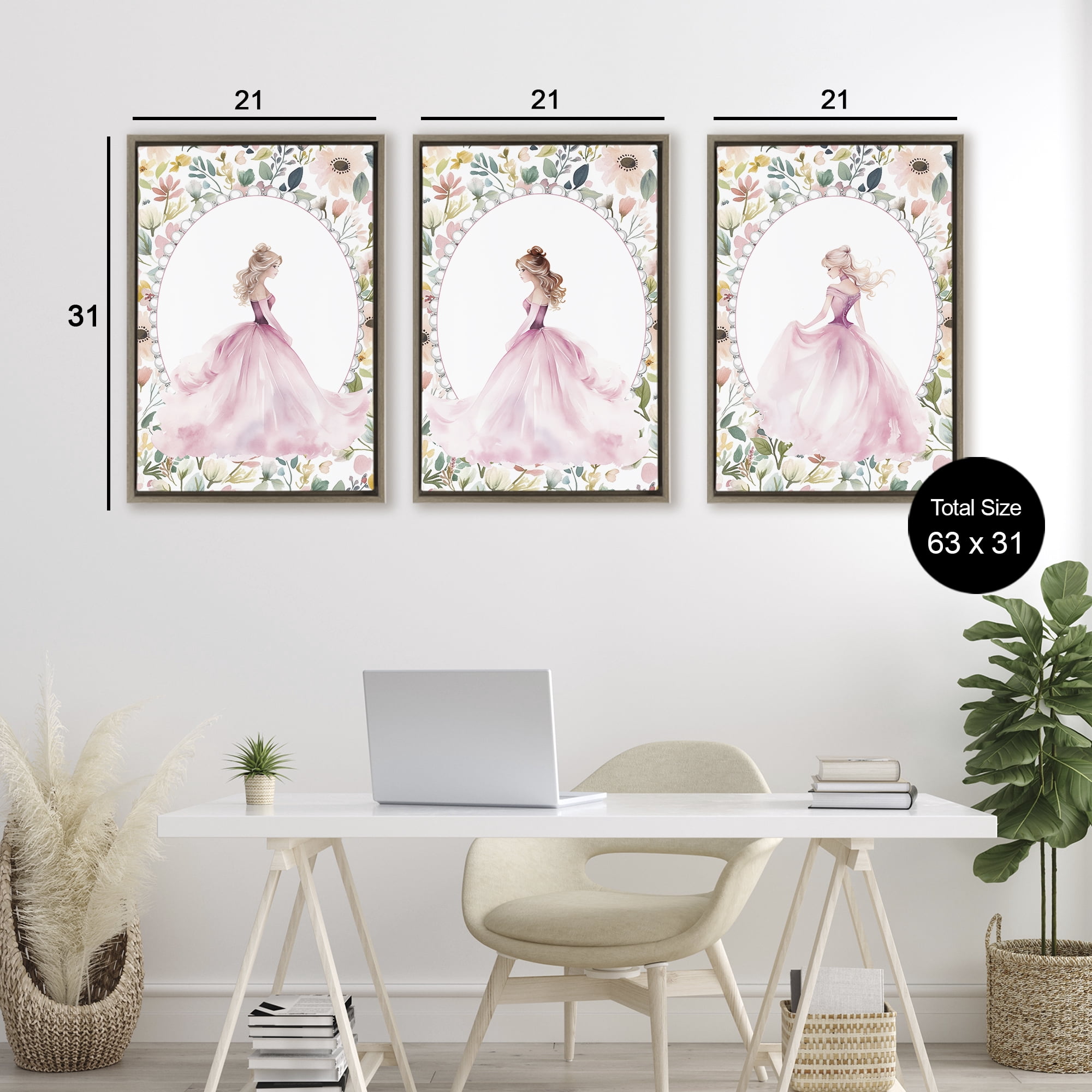 Stupell Industries Bordered Princess Love 3 Piece Brown Framed Floater Canvas Set, design by Christine Simpson Art