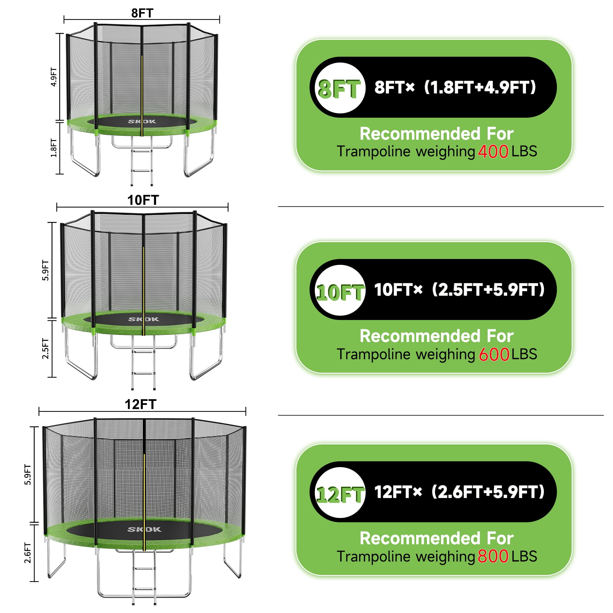 SKOK 12FT Trampoline for Adults & Kids with Safety Net & Heavy Duty Frame Green