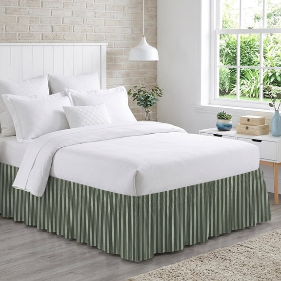 Forest Green White Stripes Bed Skirt King Size 18 Inch Drop, Modern Green Verticals Lines Adjustable Elastic Dust Ruffles Bedskirt for King Bed Wrap Around Pleated Mattress Frame Cover