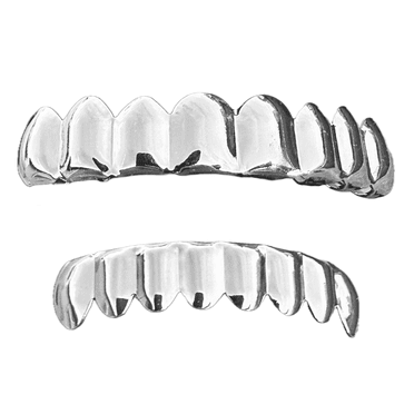 Men's Silver Finish Grillz Set Eight Top and Bottom Teeth Grills w/Storage Case