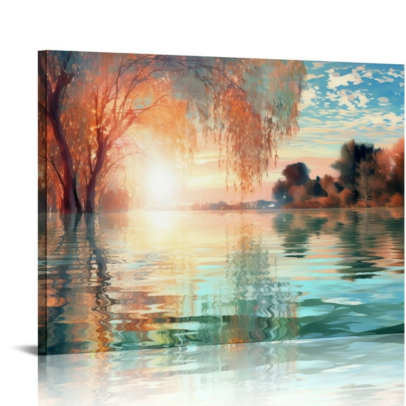 JRXY Color Play Nature Landscape Canvas Wall Art: Modern Lake Scenery Artwork Sunset Scene Print Scenic Wilderness Picture Painting for Living Room Bedroom Home Office Decor  20x16in