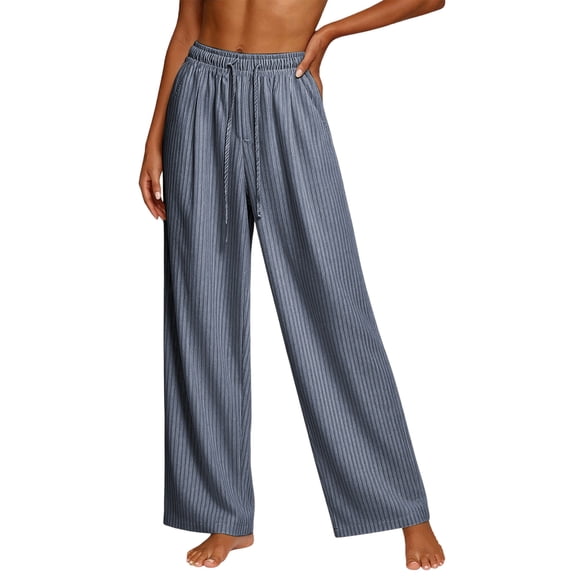 WRFWUL Womens Seersucker Striped Wide Leg Pants Drawstring Elastic Waist Casual Beach Vacation Flowy Trousers with Pockets