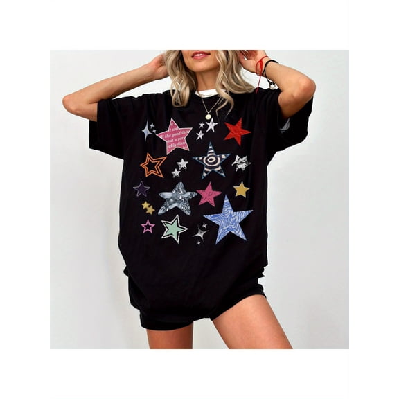 Women's Oversized Retro Aesthetic Multi Star Graphic T-Shirt
