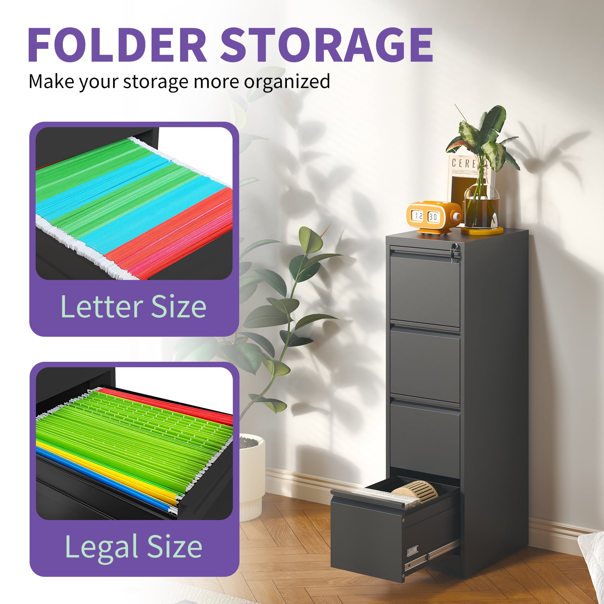 4 Drawer Metal Vertical File Cabinet with Lock Office Home Steel Vertical File Cabinet for A4 Legal/Letter Size