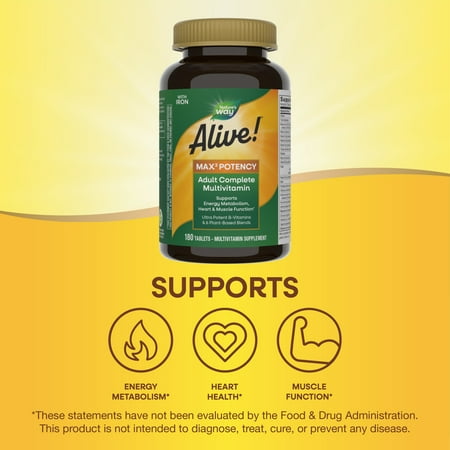 Alive! Max3 Daily Multivitamin Supplement with Iron, Max Potency, 180 Count
