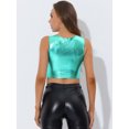 thumbnail image 4 of INSPIRE CHIC Chaleco Con Cuello En U Para Mujer, Sin Mangas, Para Fiesta, Clubwear, Camiseta Corta Metálica Brillante Azul Verde S, 4 of 5