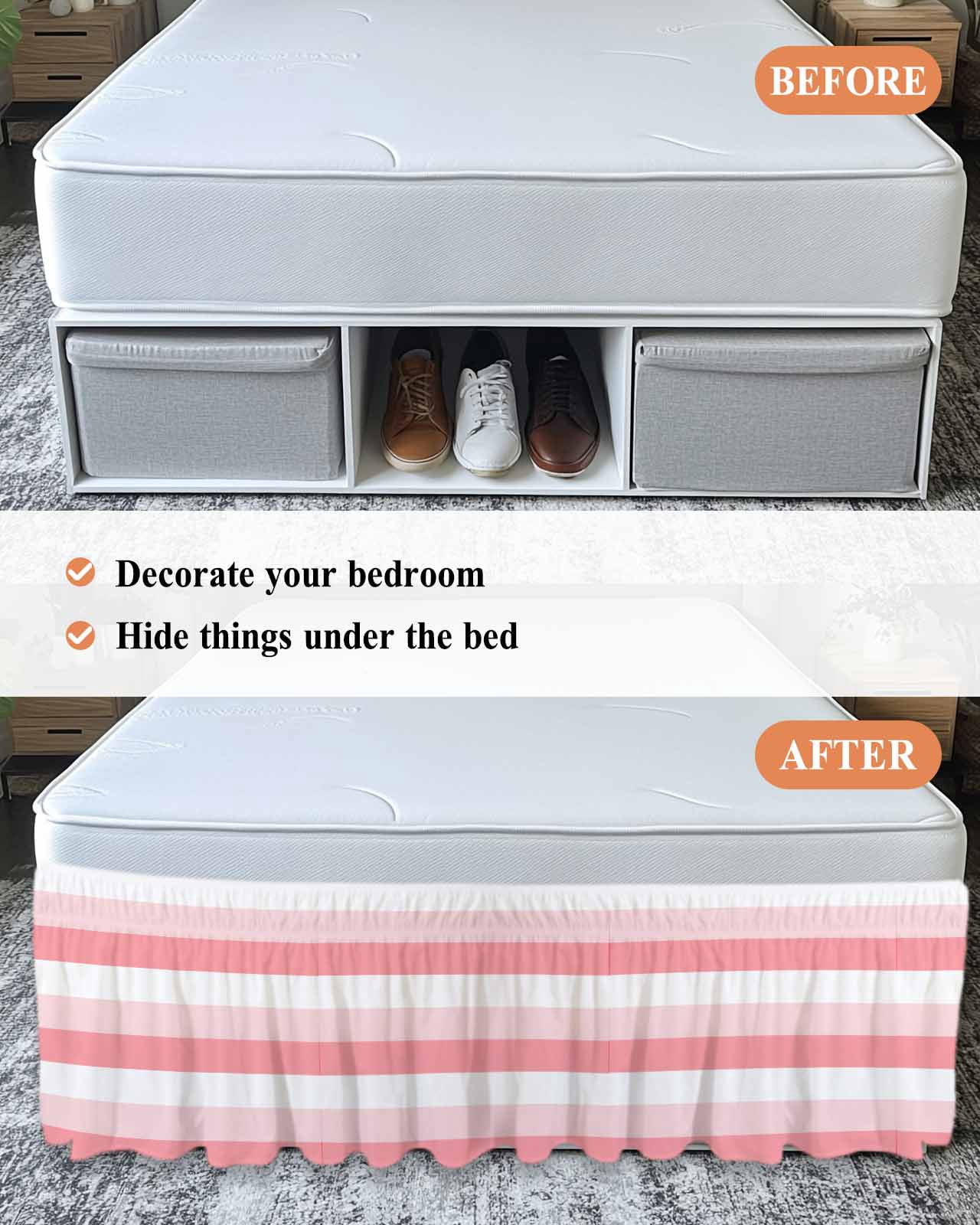 Pink White Striped Wrap Around Bed Skirts for California King Bed 16" Drop, Bed Skirt with Adjustable Elastic Belt Dust Ruffle Bed Valance for Bedroom Hotel Luxury Farmhouse Stripes Bed Frame Cover