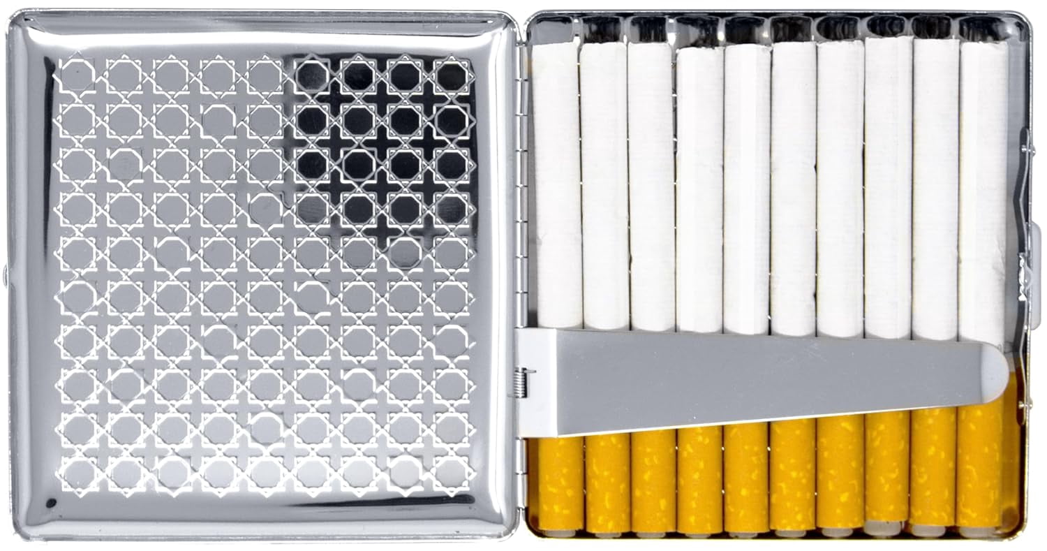 Set of 2 Compact Metal-Plated King Size Cigarette Case & Stash Box (Silver Octagon)