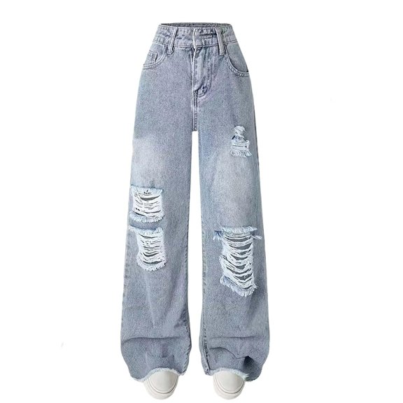 QNANSPI Jeans for Teen Girls, Kids Wide Leg Jeans, Big Kids Girls Ripped Distressed Jeans Loose Casual Straight Wide Leg Denim Pants 5-15 Years