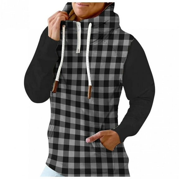 Efsteb Women's Sweatshirts with Pockets Fall Winter Fashion Leisure Loose Hooded Drawstring Hoodies Sweatshirt Long Sleeve Tops Plaid Printed Tops Lightweight Pullover Black XXL