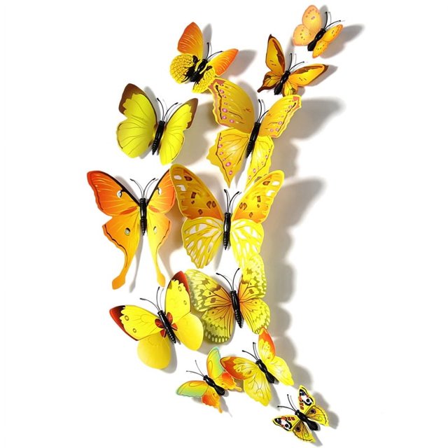 12 piezas/juego de pegatinas de pared con forma de mariposa de simulación 3D, calcomanías artísticas para pared (amarillas)