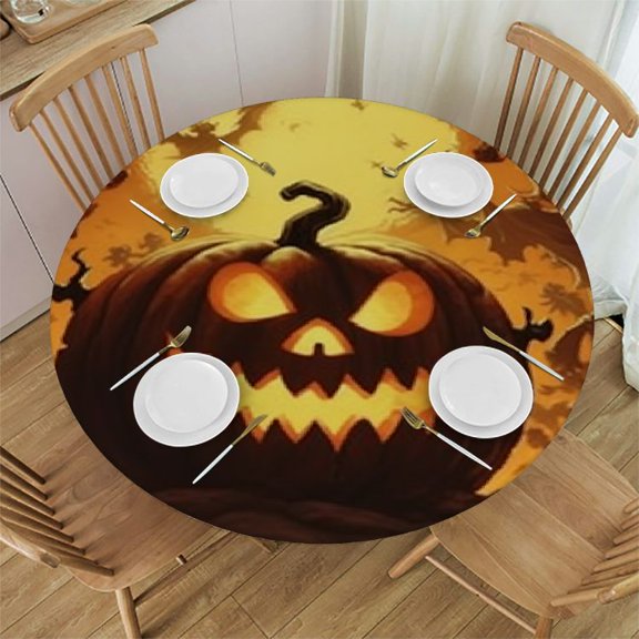 HAOXIT Halloween Round Fitted Tablecloth, Halloween Style Pattern, Elastic Edge, Waterproof and wipeable, Suitable for Wedding/Banquet/Restaurant/Party, Fit for Round Table 31-35