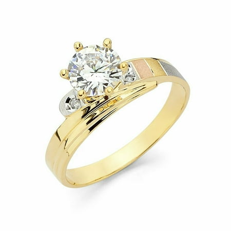 Solid 14k Tri Color Yellow Gold 6 Prong CZ Cubic Zirconia Round Cut Wedding Engagement Ring (1 ct.)
