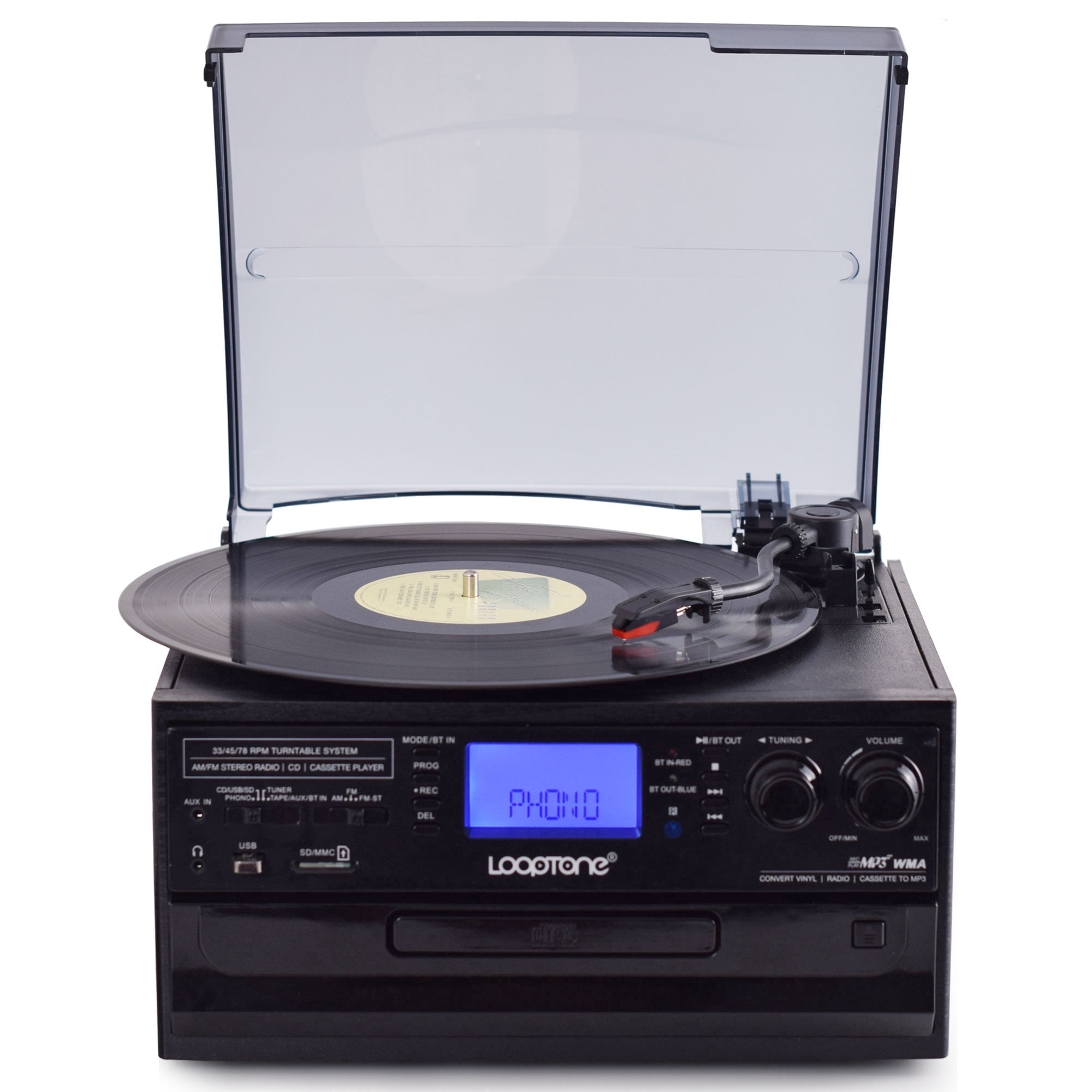 LoopTone 3 Speed Record Player 10 in 1 Bluetooth in/Out Vinyl Vintage Turntable CD Player Cassette AM/FM Radio 2 Built in Speaker USB/SD Recorder Aux-in RCA Line-Out